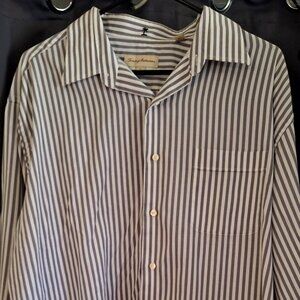 Men's Size XL Tommy Bahama Gray & White Stripped Dress Shirt